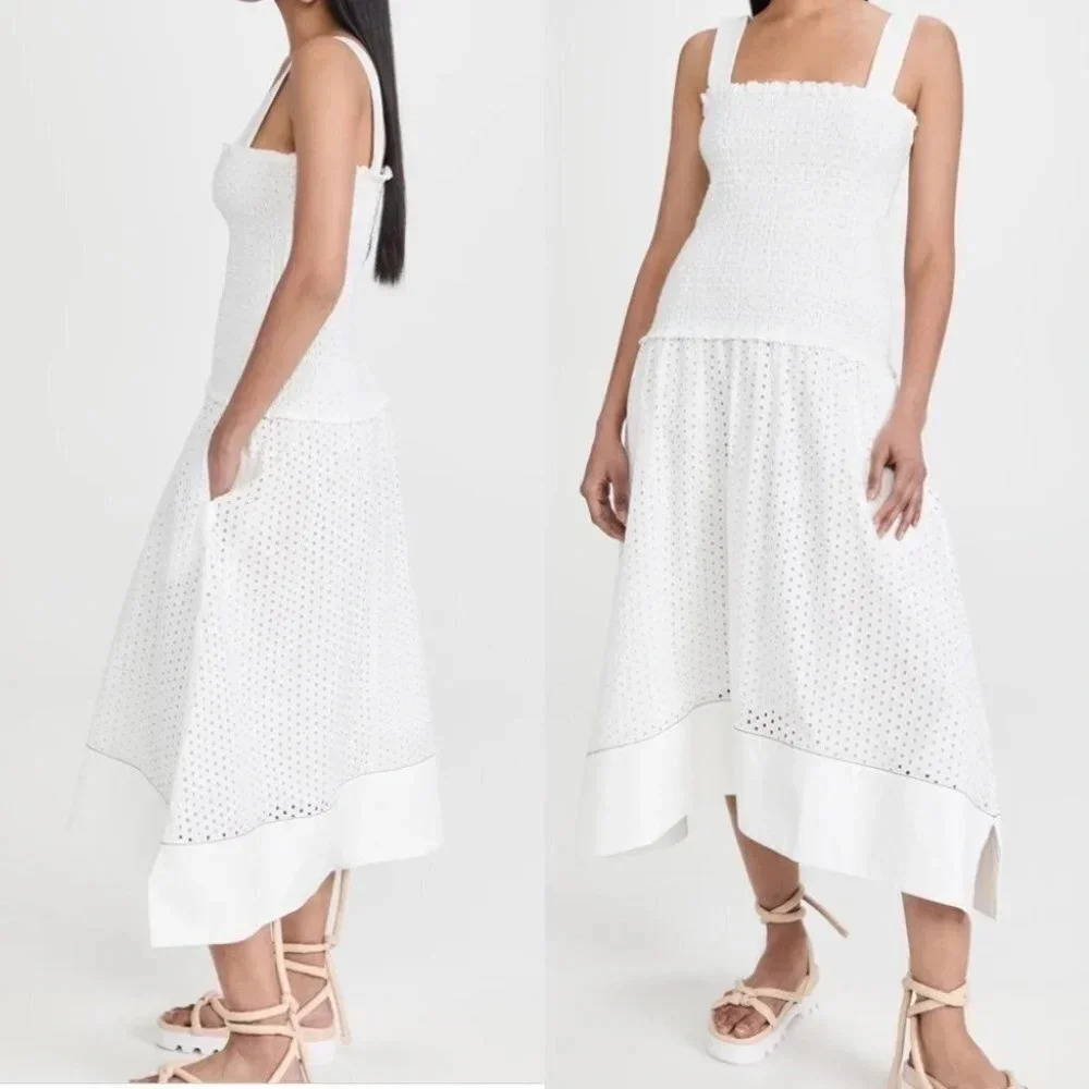 Proenza Schouler Dress 0 White Eyelet Smocked Drop Waist Broderie Anglaise - Picture 2 of 14